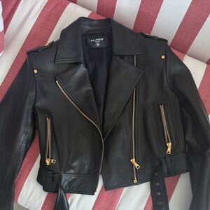 Balmain Black Leather Jacket with Gold Zippers